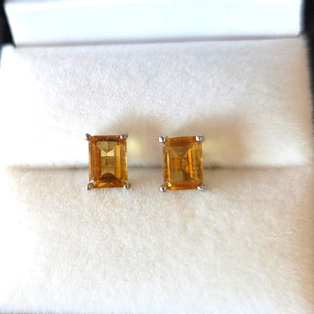 Emerald Cut Citrine Stud Earrings In Sterling Silver
